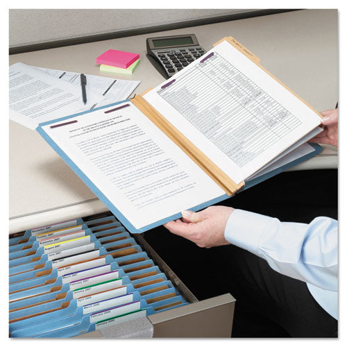 Image of Smead Six-Section Pressboard Top Tab Classification Folders, Six SafeSHIELD Fasteners, 2 Dividers, Letter Size, Blue, 10/Box