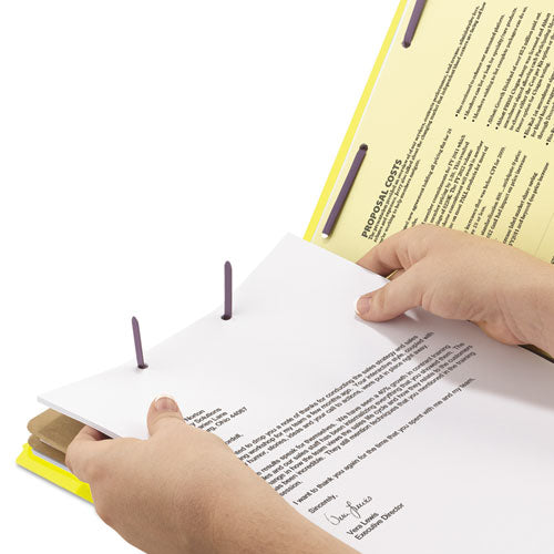 Image of Smead Six-Section Pressboard Top Tab Classification Folders, Six SafeSHIELD Fasteners, 2 Dividers, Legal Size, Yellow, 10/Box