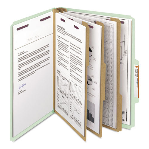 Image of Smead Pressboard Classification Folders, Eight SafeSHIELD Fasteners, 2/5-Cut Tabs, 3 Dividers, Letter Size, Gray-Green, 10/Box