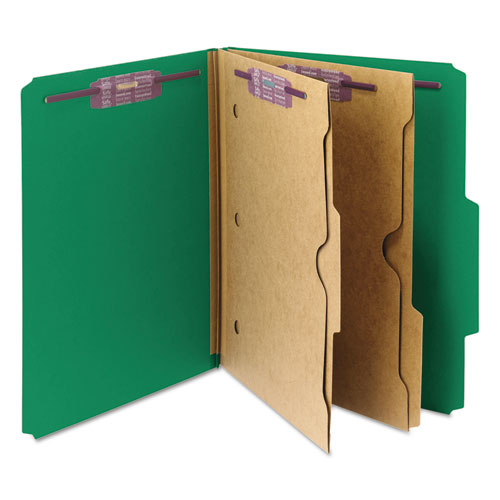 Image of Smead 6-Section Pressboard Top Tab Pocket Classification Folders, 6 SafeSHIELD Fasteners, 2 Dividers, Letter Size, Green, 10/Box
