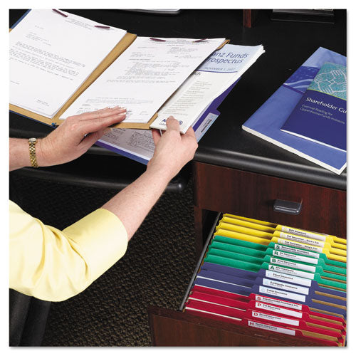 Image of Smead 6-Section Pressboard Top Tab Pocket Classification Folders, 6 SafeSHIELD Fasteners, 2 Dividers, Letter Size, Dark Blue, 10/BX