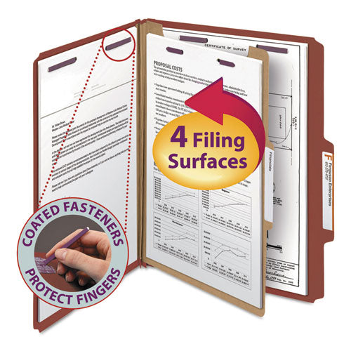 Image of Smead Pressboard Classification Folders, Four SafeSHIELD Fasteners, 2/5-Cut Tabs, 1 Divider, Letter Size, Red, 10/Box