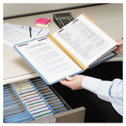 Image of Smead Six-Section Pressboard Top Tab Classification Folders, Six SafeSHIELD Fasteners, 2 Dividers, Legal Size, Blue, 10/Box