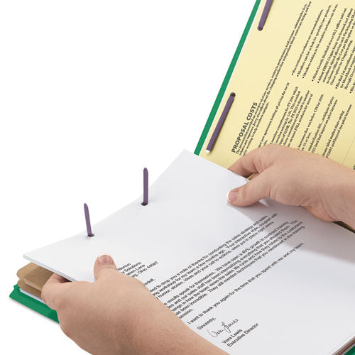 Image of Smead Six-Section Pressboard Top Tab Classification Folders, Six SafeSHIELD Fasteners, 2 Dividers, Letter Size, Green, 10/Box