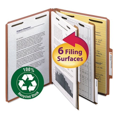 Image of Smead Recycled Pressboard Classification Folders, 2" Expansion, 2 Dividers, 6 Fasteners, Letter Size, Red Exterior, 10/Box