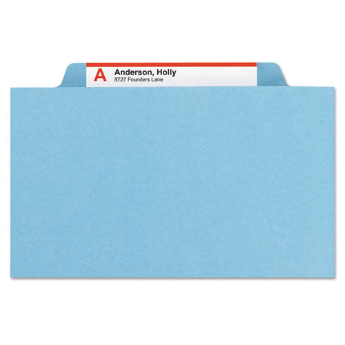 Image of Smead Six-Section Pressboard Top Tab Classification Folders, Six SafeSHIELD Fasteners, 2 Dividers, Letter Size, Blue, 10/Box