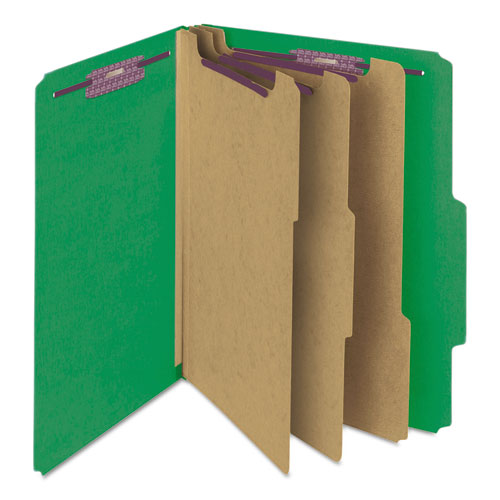 Image of Smead Eight-Section Pressboard Top Tab Classification Folders, Eight SafeSHIELD Fasteners, 3 Dividers, Letter Size, Green, 10/Box