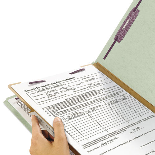 Image of Smead Pressboard Classification Folders, Four SafeSHIELD Fasteners, 2/5-Cut Tabs, 1 Divider, Legal Size, Gray-Green, 10/Box