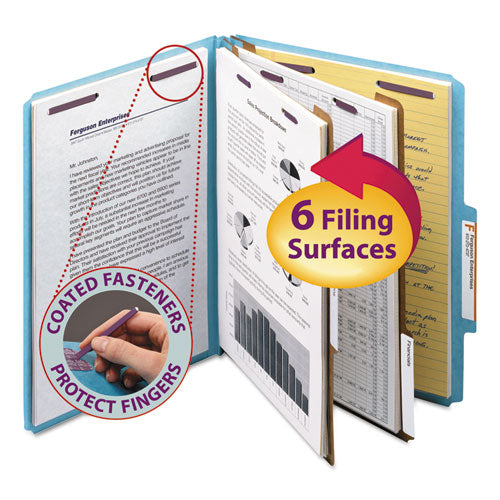 Image of Smead Six-Section Pressboard Top Tab Classification Folders, Six SafeSHIELD Fasteners, 2 Dividers, Letter Size, Blue, 10/Box