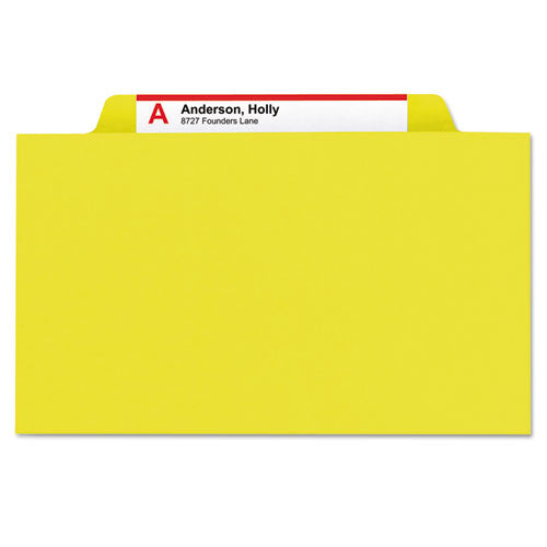 Image of Smead 6-Section Pressboard Top Tab Pocket Classification Folders, 6 SafeSHIELD Fasteners, 2 Dividers, Letter Size, Yellow, 10/Box