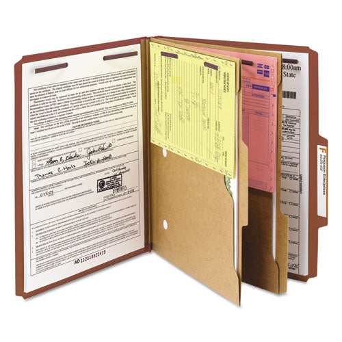Image of Smead 6-Section Pressboard Top Tab Pocket Classification Folders, 6 SafeSHIELD Fasteners, 2 Dividers, Letter Size, Red, 10/Box