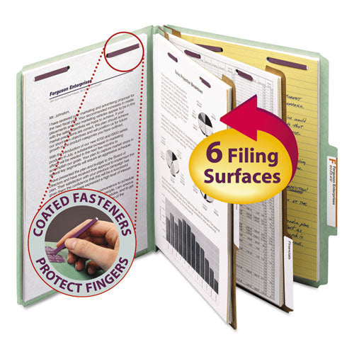 Image of Smead Pressboard Classification Folders, Six SafeSHIELD Fasteners, 2/5-Cut Tabs, 2 Dividers, Letter Size, Gray-Green, 10/Box
