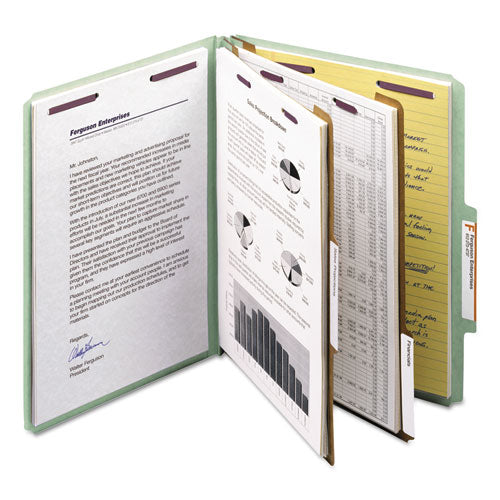 Image of Smead Pressboard Classification Folders, Six SafeSHIELD Fasteners, 2/5-Cut Tabs, 2 Dividers, Letter Size, Gray-Green, 10/Box
