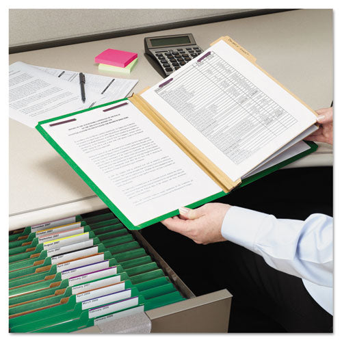 Image of Smead Six-Section Pressboard Top Tab Classification Folders, Six SafeSHIELD Fasteners, 2 Dividers, Legal Size, Green, 10/Box