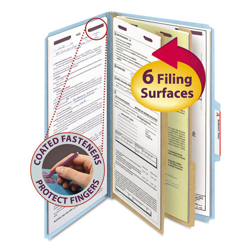 Image of Smead Six-Section Pressboard Top Tab Classification Folders, Six SafeSHIELD Fasteners, 2 Dividers, Legal Size, Blue, 10/Box