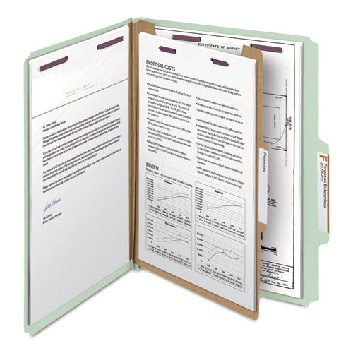 Image of Smead Pressboard Classification Folders, Four SafeSHIELD Fasteners, 2/5-Cut Tabs, 1 Divider, Letter Size, Gray-Green, 10/Box