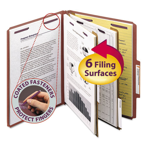 Image of Smead Pressboard Classification Folders, Six SafeSHIELD Fasteners, 2/5-Cut Tabs, 2 Dividers, Letter Size, Red, 10/Box