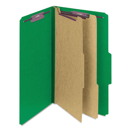 Image of Smead Six-Section Pressboard Top Tab Classification Folders, Six SafeSHIELD Fasteners, 2 Dividers, Legal Size, Green, 10/Box