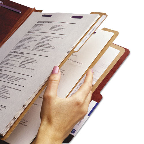 Image of Smead Pressboard Classification Folders, Eight SafeSHIELD Fasteners, 2/5-Cut Tabs, 3 Dividers, Letter Size, Red, 10/Box