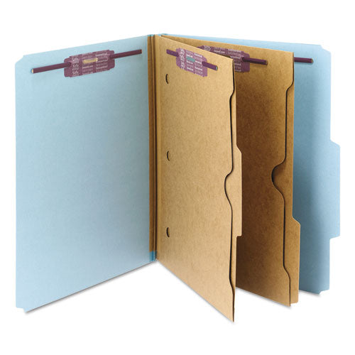 Image of Smead 6-Section Pressboard Top Tab Pocket Classification Folders, 6 SafeSHIELD Fasteners, 2 Dividers, Letter Size, Blue, 10/Box