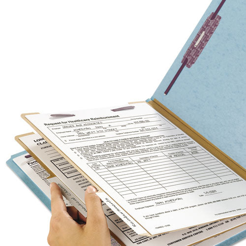 Image of Smead Six-Section Pressboard Top Tab Classification Folders, Six SafeSHIELD Fasteners, 2 Dividers, Legal Size, Blue, 10/Box