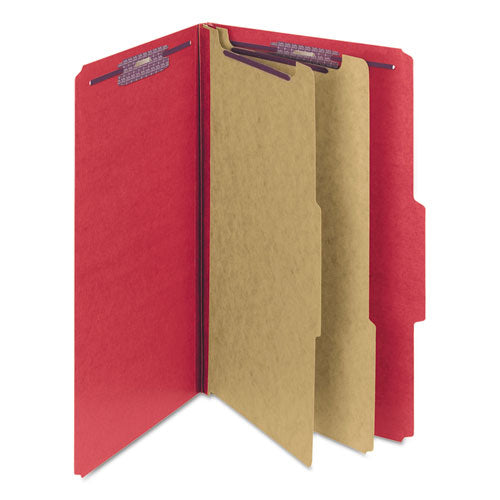Image of Smead Six-Section Pressboard Top Tab Classification Folders, Six SafeSHIELD Fasteners, 2 Dividers, Legal Size, Bright Red, 10/Box