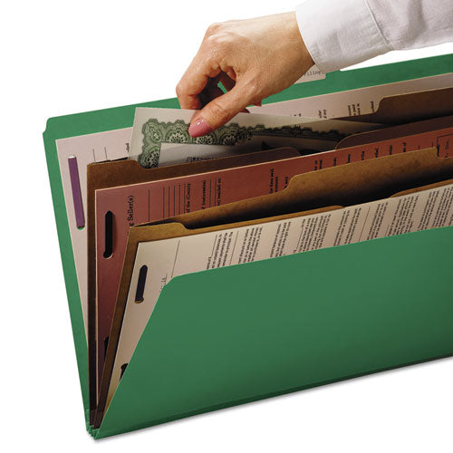 Image of Smead 6-Section Pressboard Top Tab Pocket Classification Folders, 6 SafeSHIELD Fasteners, 2 Dividers, Letter Size, Green, 10/Box