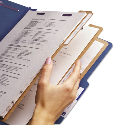 Image of Smead Eight-Section Pressboard Top Tab Classification Folders, 8 SafeSHIELD Fasteners, 3 Dividers, Letter Size, Dark Blue, 10/Box