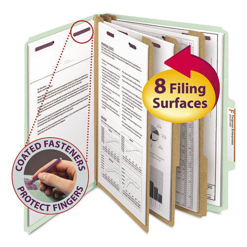 Image of Smead Pressboard Classification Folders, Eight SafeSHIELD Fasteners, 2/5-Cut Tabs, 3 Dividers, Letter Size, Gray-Green, 10/Box
