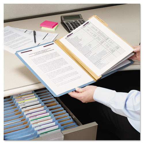 Image of Smead Pressboard Top Tab Classification Folders, Eight SafeSHIELD Fasteners, 3" Expansion, 3 Dividers, Letter Size, Blue, 10/Box
