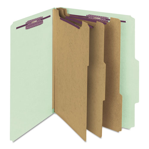 Image of Smead Pressboard Classification Folders, Eight SafeSHIELD Fasteners, 2/5-Cut Tabs, 3 Dividers, Letter Size, Gray-Green, 10/Box