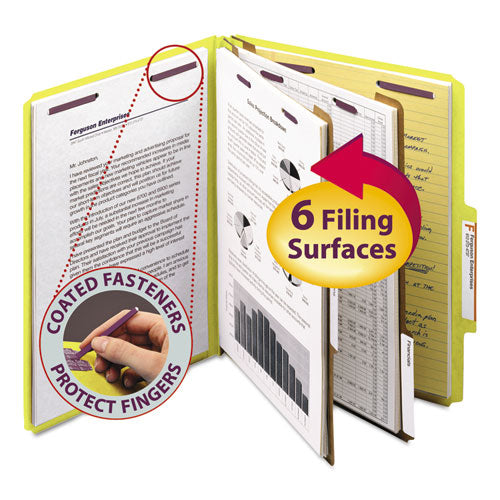 Image of Smead Six-Section Pressboard Top Tab Classification Folders, Six SafeSHIELD Fasteners, 2 Dividers, Letter Size, Yellow, 10/Box
