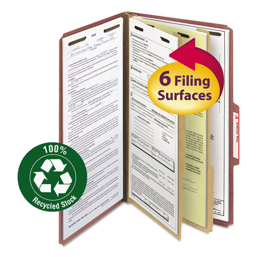 Image of Smead Recycled Pressboard Classification Folders, 2" Expansion, 2 Dividers, 6 Fasteners, Legal Size, Red Exterior, 10/Box