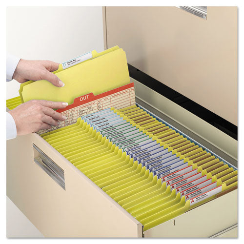 Image of Smead 6-Section Pressboard Top Tab Pocket Classification Folders, 6 SafeSHIELD Fasteners, 2 Dividers, Letter Size, Yellow, 10/Box