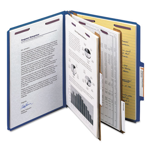 Image of Smead Six-Section Pressboard Top Tab Classification Folders, Six SafeSHIELD Fasteners, 2 Dividers, Letter Size, Dark Blue, 10/Box