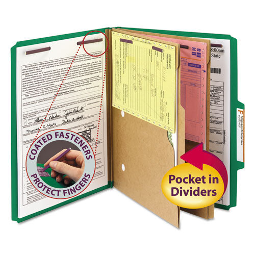Image of Smead 6-Section Pressboard Top Tab Pocket Classification Folders, 6 SafeSHIELD Fasteners, 2 Dividers, Letter Size, Green, 10/Box