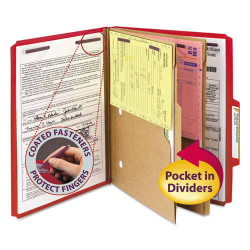 Image of Smead 6-Section Pressboard Top Tab Pocket Classification Folders, 6 SafeSHIELD Fasteners, 2 Dividers, Letter Size, Bright Red,10/BX