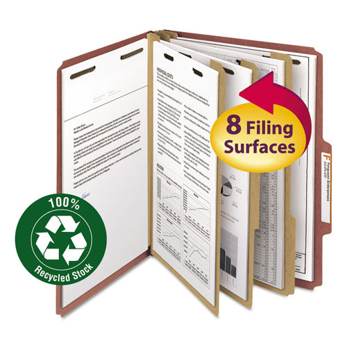 Image of Smead Recycled Pressboard Classification Folders, 3" Expansion, 3 Dividers, 8 Fasteners, Letter Size, Red Exterior, 10/Box