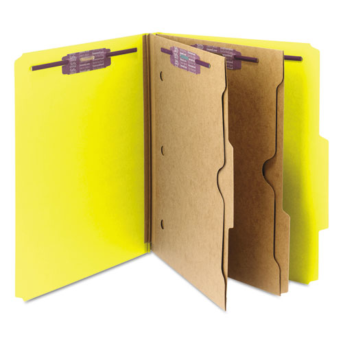 Image of Smead 6-Section Pressboard Top Tab Pocket Classification Folders, 6 SafeSHIELD Fasteners, 2 Dividers, Letter Size, Yellow, 10/Box