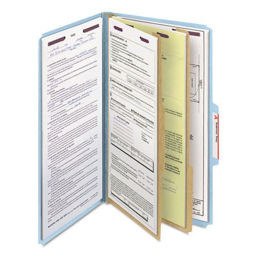 Image of Smead Six-Section Pressboard Top Tab Classification Folders, Six SafeSHIELD Fasteners, 2 Dividers, Legal Size, Blue, 10/Box