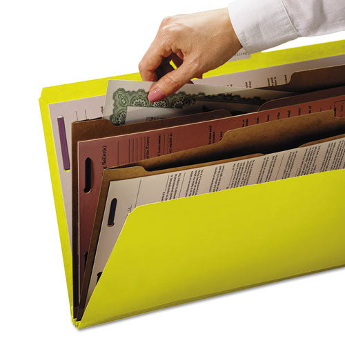 Image of Smead 6-Section Pressboard Top Tab Pocket Classification Folders, 6 SafeSHIELD Fasteners, 2 Dividers, Letter Size, Yellow, 10/Box