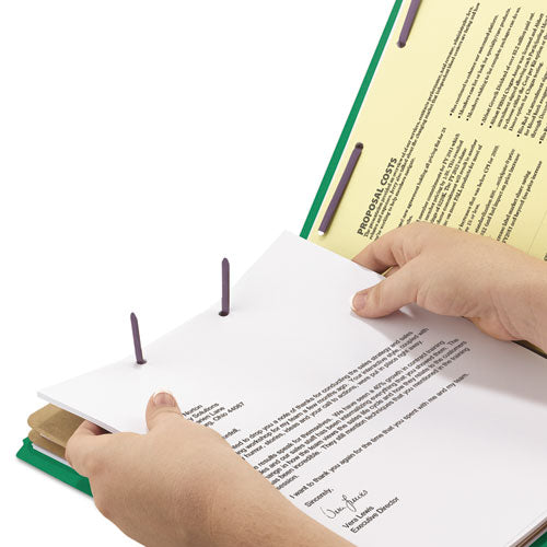 Image of Smead 6-Section Pressboard Top Tab Pocket Classification Folders, 6 SafeSHIELD Fasteners, 2 Dividers, Letter Size, Green, 10/Box