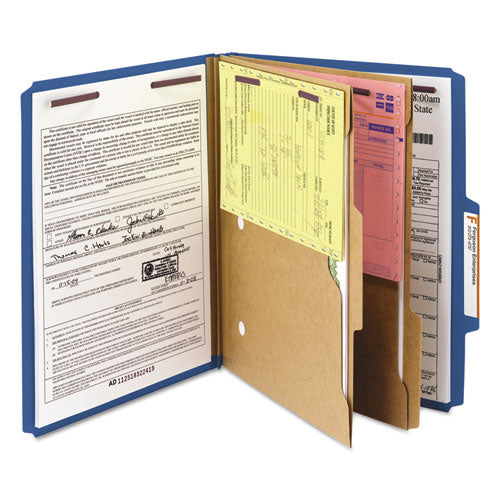 Image of Smead 6-Section Pressboard Top Tab Pocket Classification Folders, 6 SafeSHIELD Fasteners, 2 Dividers, Letter Size, Dark Blue, 10/BX