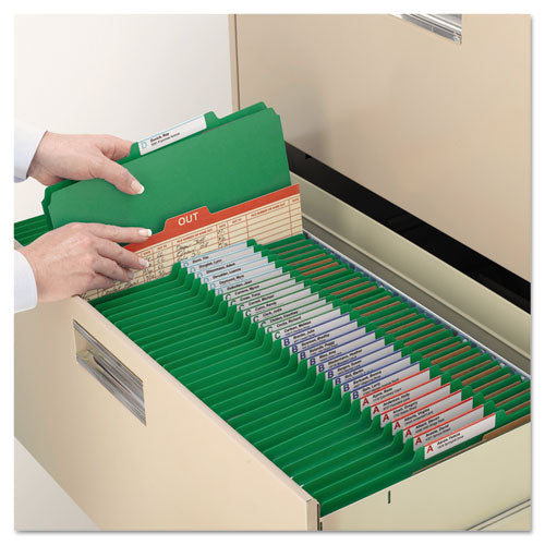 Image of Smead 6-Section Pressboard Top Tab Pocket Classification Folders, 6 SafeSHIELD Fasteners, 2 Dividers, Letter Size, Green, 10/Box