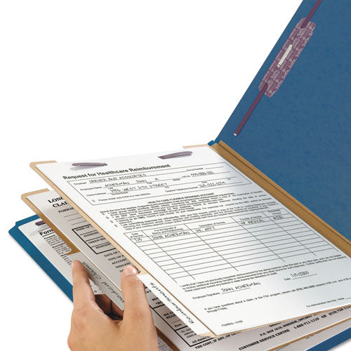 Image of Smead Six-Section Pressboard Top Tab Classification Folders, Six SafeSHIELD Fasteners, 2 Dividers, Letter Size, Dark Blue, 10/Box