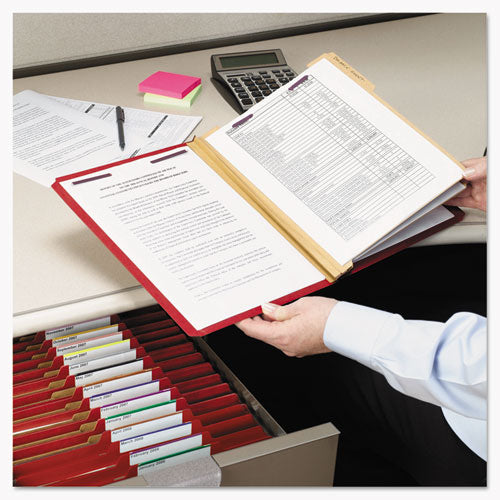Image of Smead Six-Section Pressboard Top Tab Classification Folders, Six SafeSHIELD Fasteners, 2 Dividers, Legal Size, Bright Red, 10/Box