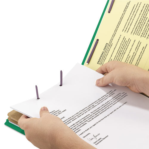 Image of Smead Six-Section Pressboard Top Tab Classification Folders, Six SafeSHIELD Fasteners, 2 Dividers, Legal Size, Green, 10/Box