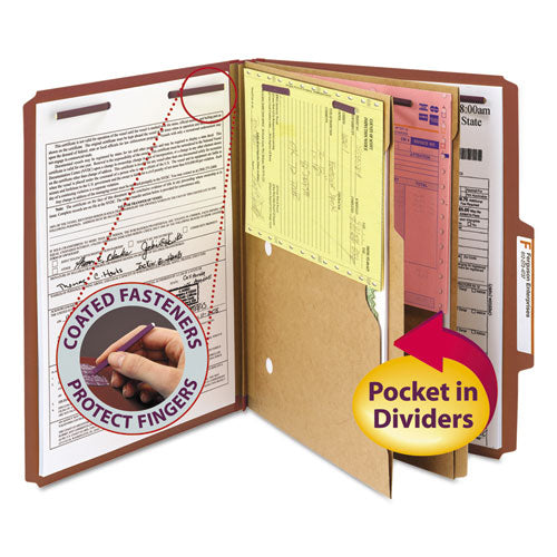 Image of Smead 6-Section Pressboard Top Tab Pocket Classification Folders, 6 SafeSHIELD Fasteners, 2 Dividers, Letter Size, Red, 10/Box