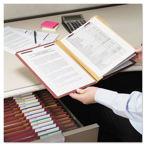 Image of Smead Pressboard Classification Folders, Eight SafeSHIELD Fasteners, 2/5-Cut Tabs, 3 Dividers, Letter Size, Red, 10/Box