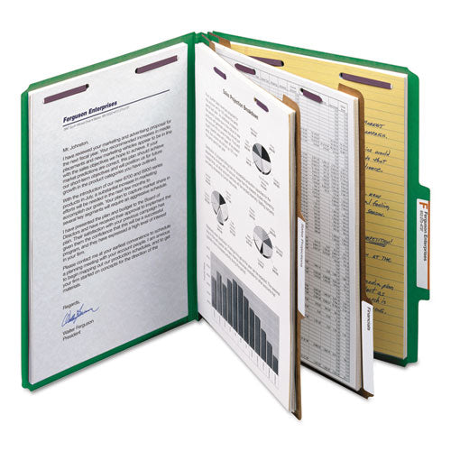 Image of Smead Six-Section Pressboard Top Tab Classification Folders, Six SafeSHIELD Fasteners, 2 Dividers, Letter Size, Green, 10/Box